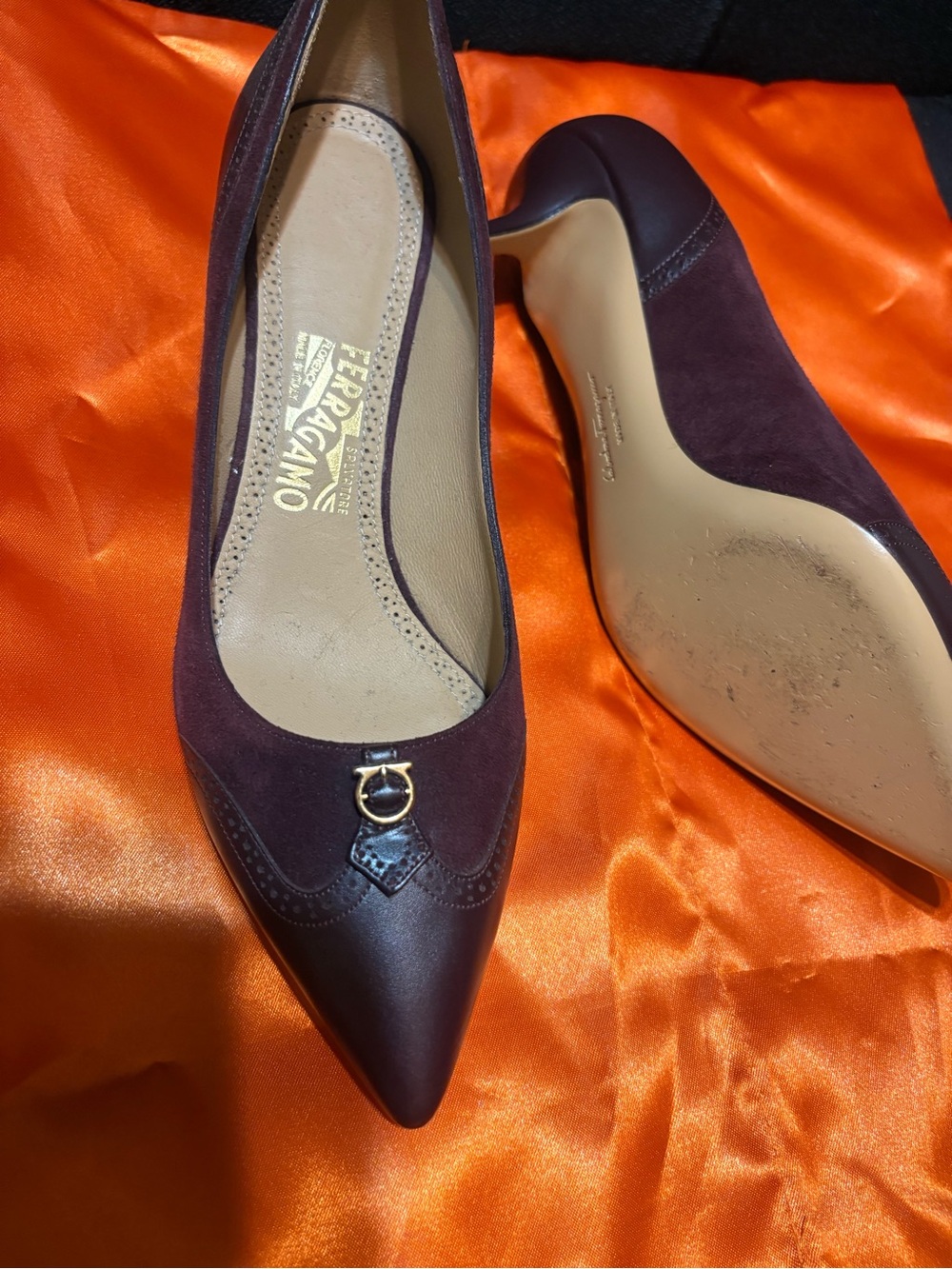 Salvatore Ferragamo Burgundy Pointed Toe Leather & Suede Pumps with Gold Accent - Picture 2 of 4